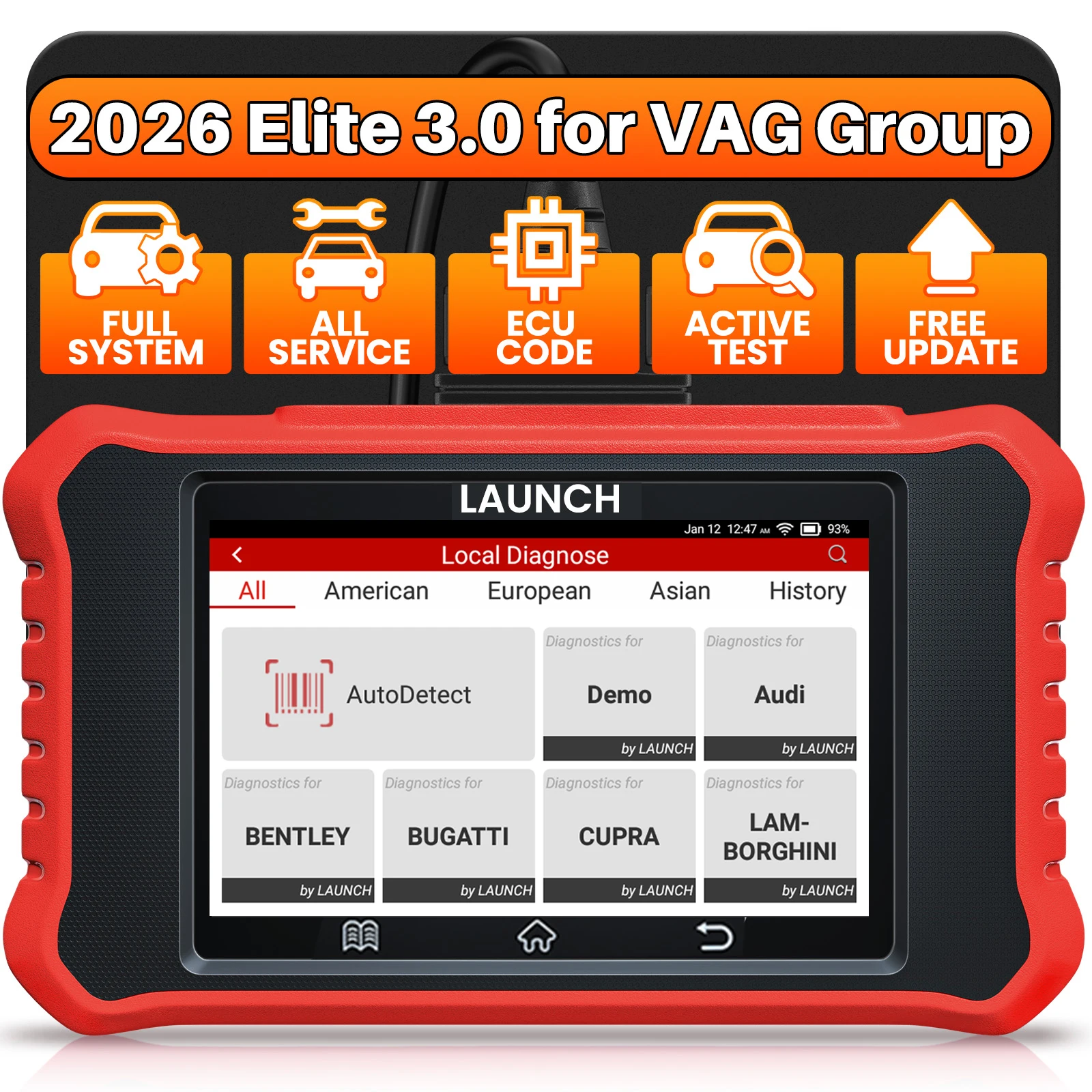 LAUNCH Creader Elite V3.0 für Audi OBD2-Scanner, Vollsystem-Reset-Tool, ECU-Code, bidirektionales Scan-Tool, CANFD/DOIP, Batterie-Registrierungstool für Seat, Skoda, Bugatti, Bentley, Volkswagen,