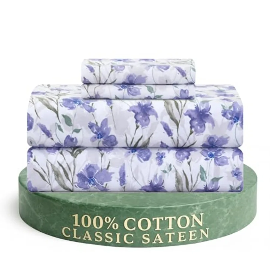 

Комплект постельного белья Feather and Stitch из 100% хлопка, сатиновое переплетение, 300TC, с принтом, охлаждающий и дышащий, 4 предмета, 16-дюймовая резинка