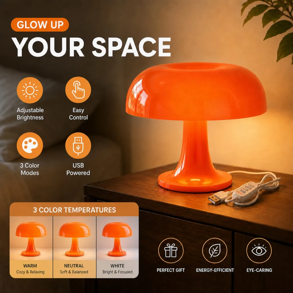 LED Mushroom Lamp Desk Lamp with USB Power Supply Adjustable Three-Color Temperature for Bedroom Nightlight Bedside Study Atmosp