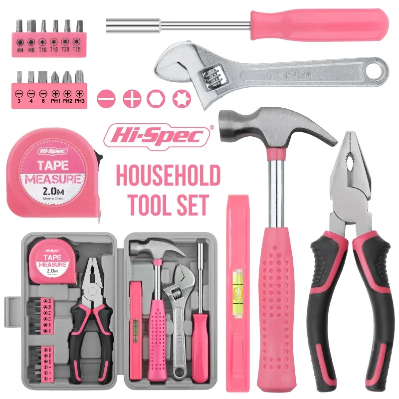 Hi-Spec 18pc Pink Compact Home Tool Set w/ Leveling Device&CR-V Pliers-Women's DIY Repair Kit with A4-Size Organizer, Gift-Ready
