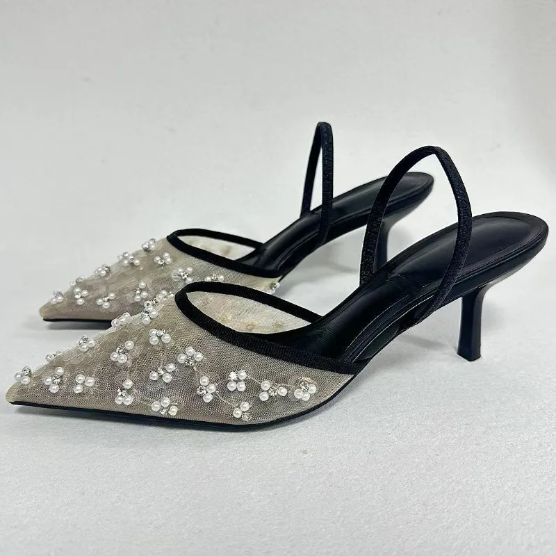

Сетчатые дышащие туфли-лодочки с острым носком, брендовые сандалии, женские блестящие туфли на высоком каблуке, женские туфли с бусинами, пикантные дизайнерские туфли для свадебной вечеринки