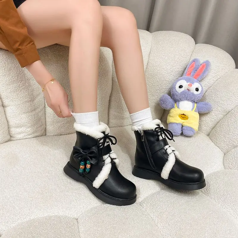 ORCHA LISAFashion أفخم حذاء من الجلد الدافئ جولة تو 2.5 سنتيمتر كعب منخفض سستة الدانتيل يصل Bowknot حجم صغير 31 32 33 طالب الأحذية