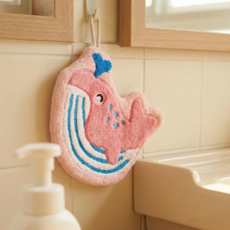 4Pcs Absorbent Hanging Hand Towels, Coral Fleece with PP Cotton Fill, Cute Cartoon Pattern for Kitchen Bathroom
