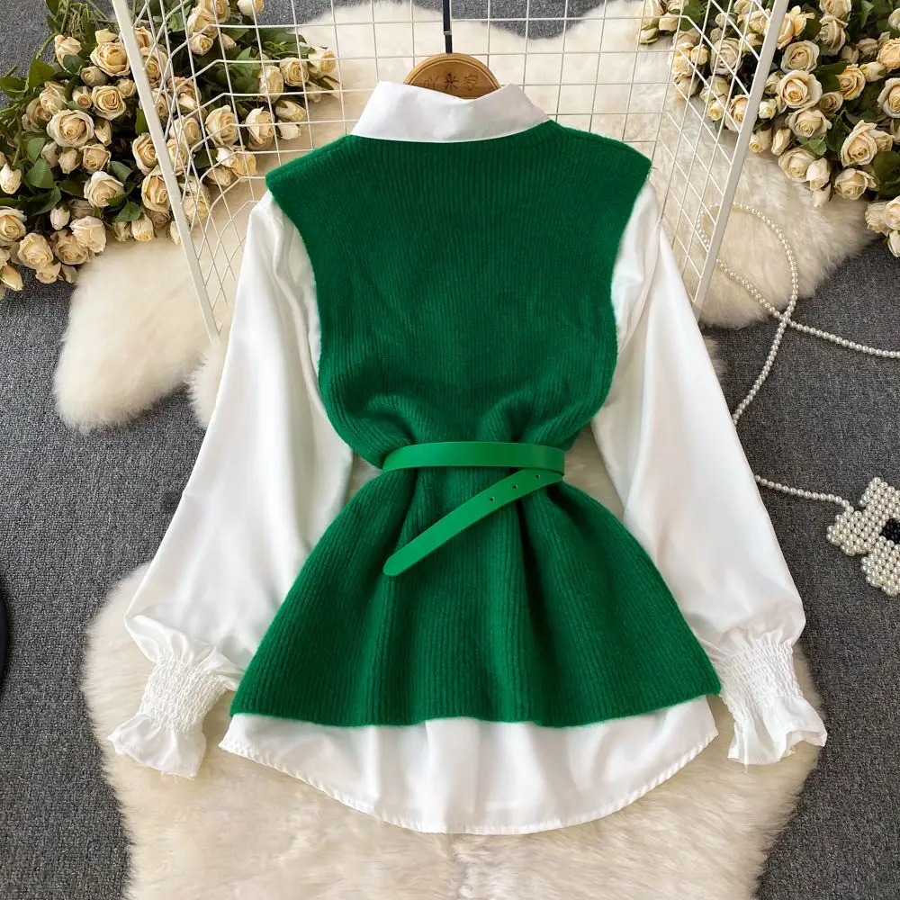 Women\'s Autumn Winter Split Sweater Vest White Shirt Set Lady Fashion Flare Blouse Knit Tank Tops with Waistbelt Knitwear Female