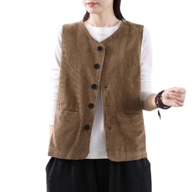 Japan Cargo Vintage Corduroy Vests Women Retro Solid Color V-neck Waistcoats Elegant Waistcoat Single Breasted Sleeveless Coats