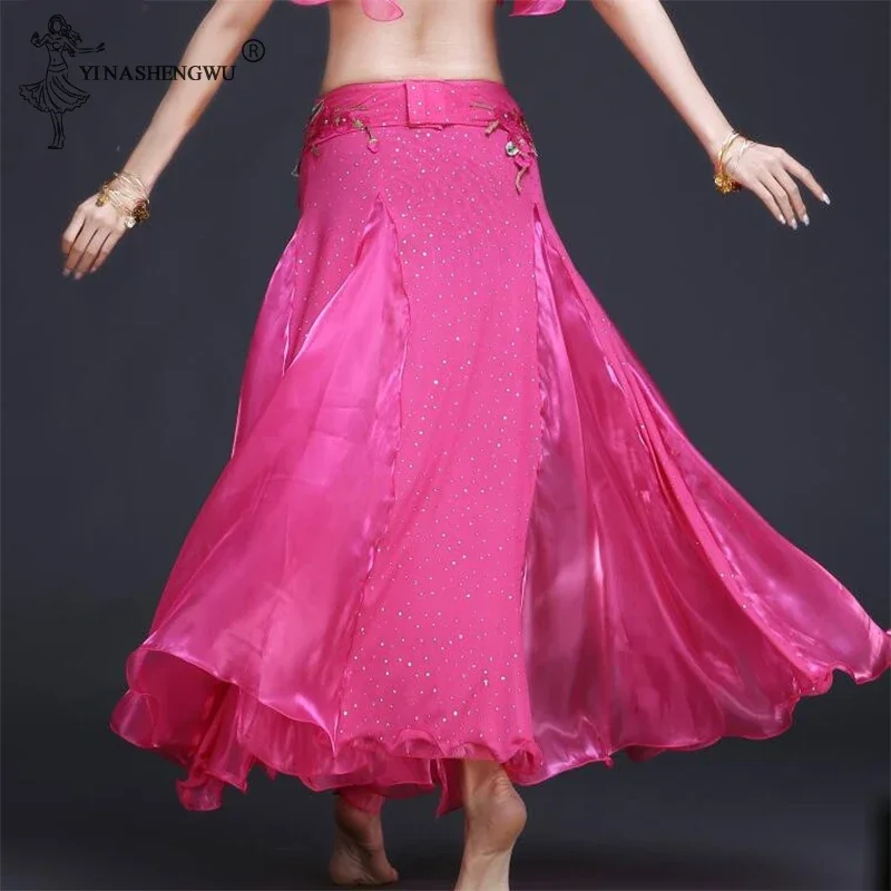 Belly Dance Skirt Oriental Dance Double Slits Skirt Belly Dance Costume Skirt Women Belly Dance Performance Skirt (Without Belt)