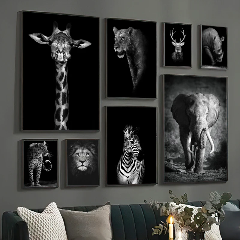 Black And White Animal Poster Home Decoration Lion Elephant Canvas Painting Realism Picture Modern Printed Living Room