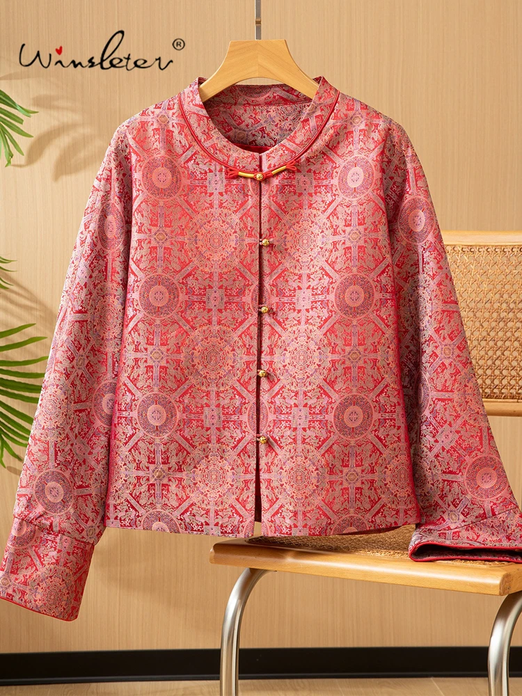 

Winsleter-100%Real Silk Shu Brocade Elegant Coat, O Neck Geometry, Women OL New Chinese Style Loose Coat, 2025 Winter C5D206CC