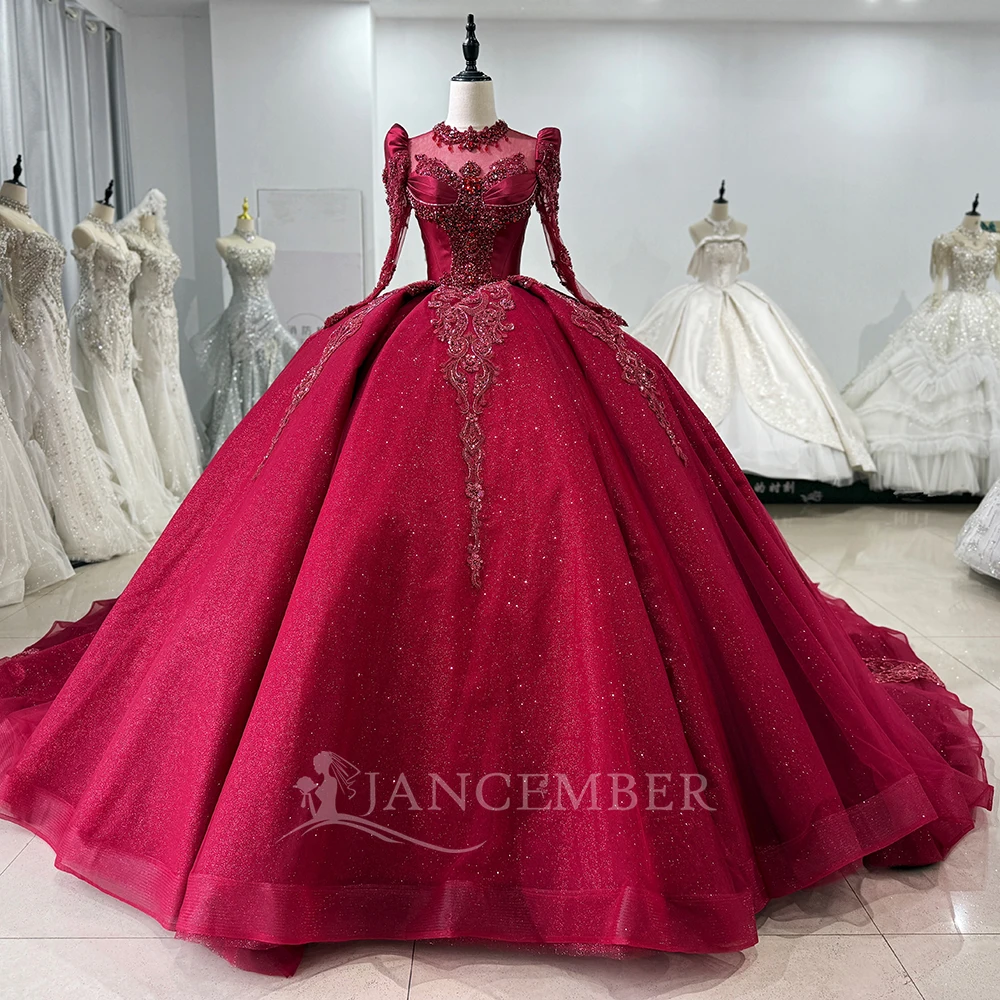 

Customized Luxury Wedding Dresses Red Long Sleeves Sequins Beads O Neck Organza Glitter Tulle Bride Gowns robe de mariée 2026