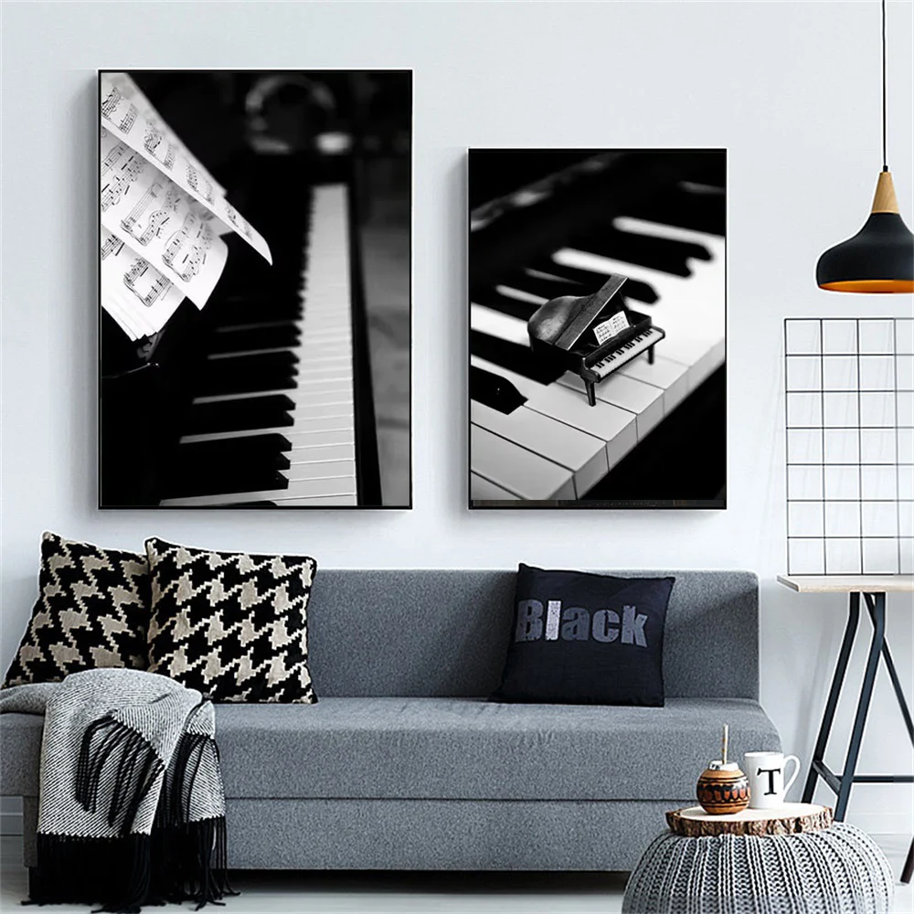 Vintage Piano Themed Wall Art Prints, Black White Music Note Rose Cat Dog Poster Gift for Music Lover Musician Home Room Decor