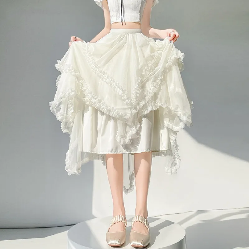 2026 New Women High Waist Irregular Ruffle Tulle Midi Skirt Elegant Multi-Layer Mesh Flowy Asymmetrical Hem A Line Swing Skirts