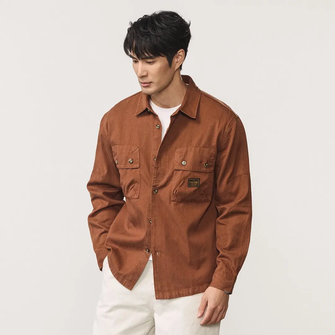 Men Big Pocket Long Sleeve Loose Casual American Fashion Heavy Cotton Plus Size Cargo Shirts Blouses Coat Tops