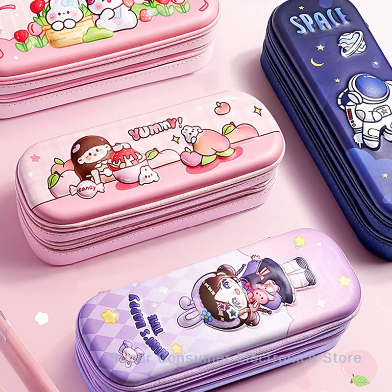 3D Astronaut Pencil Case Boys Stationery New Popular Student Double-layer Large Capacity Waterproof Pink Rabbit