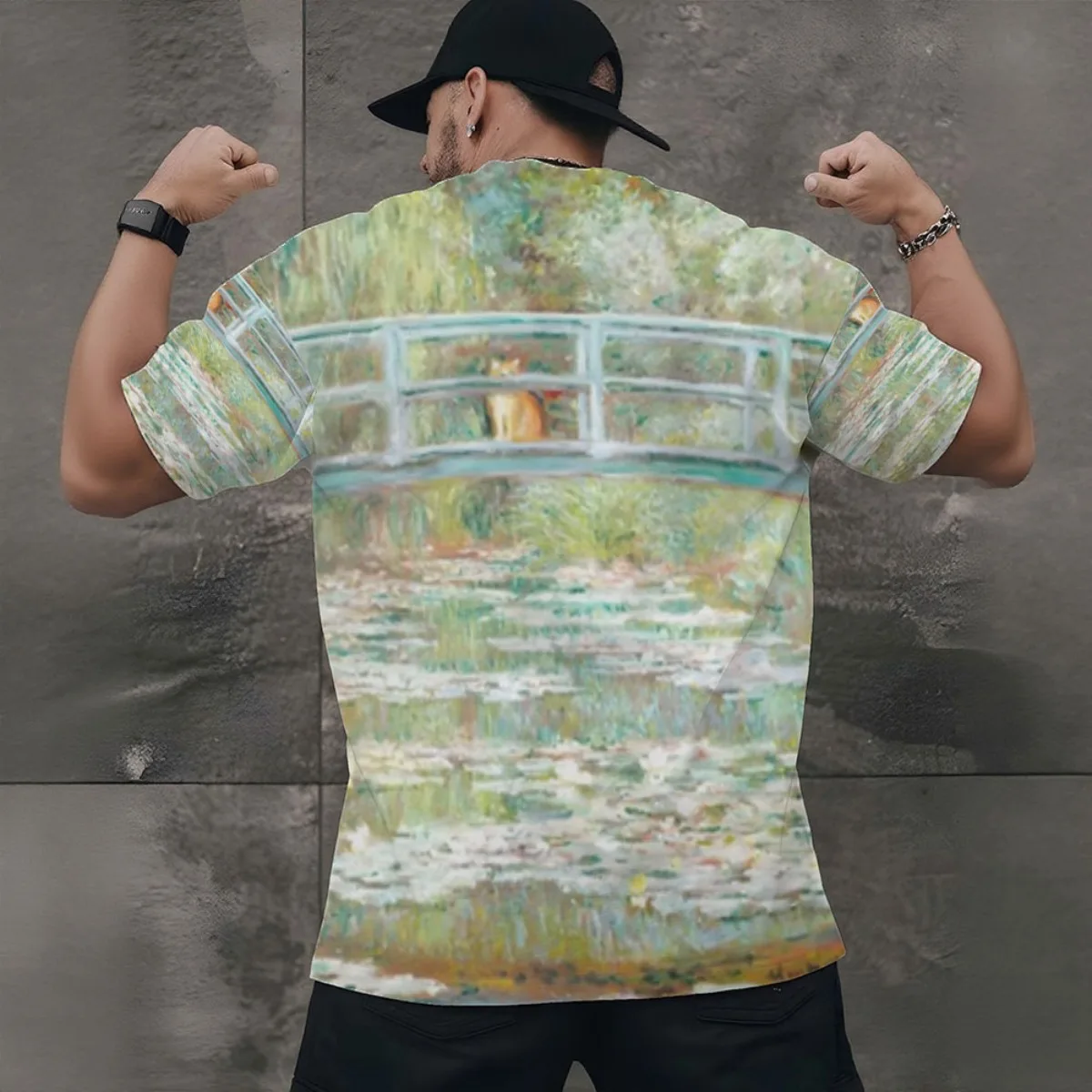 クラウド・オレンジ・オン・ジャパニーズ・ブリッジ・ウォーターリリー・ポンド・ポスター新着ファッションメンズ半袖オールオーバープリントTシャツU