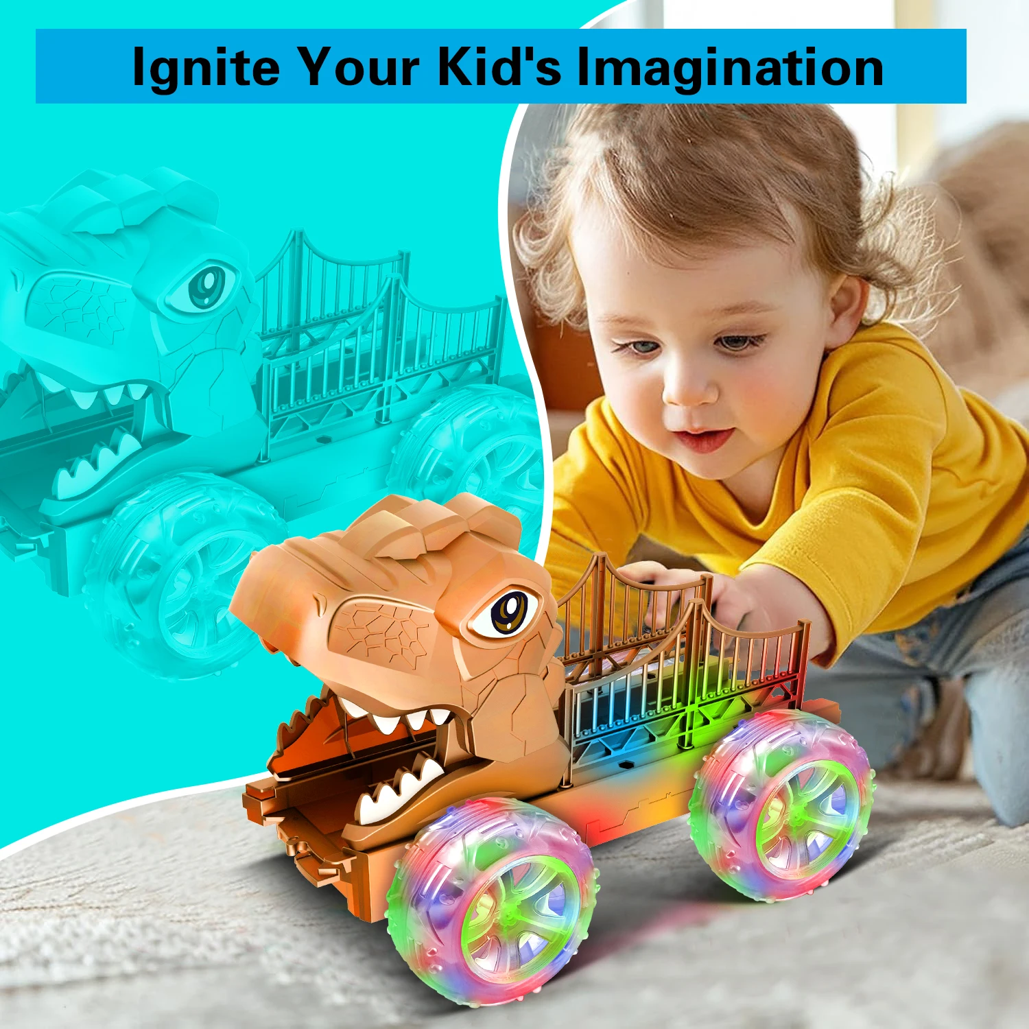 ألعاب شاحنة الديناصورات للأطفال من سن 3 إلى 6 سنوات شاحنة حامل سيارة النقل Tyrannosaurus، مجموعة ألعاب أضواء ملونة LED للأولاد والبنات #5