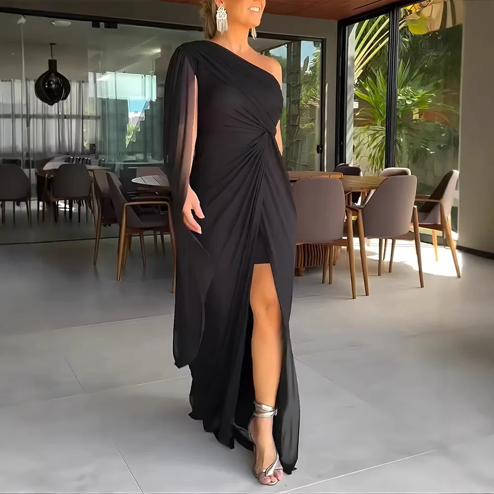 

2026 Fashion Women's Clothing on Amazon: Solid Color One-Shoulder Off-Shoulder Ruched Slim-Fit Side-Slit Dress