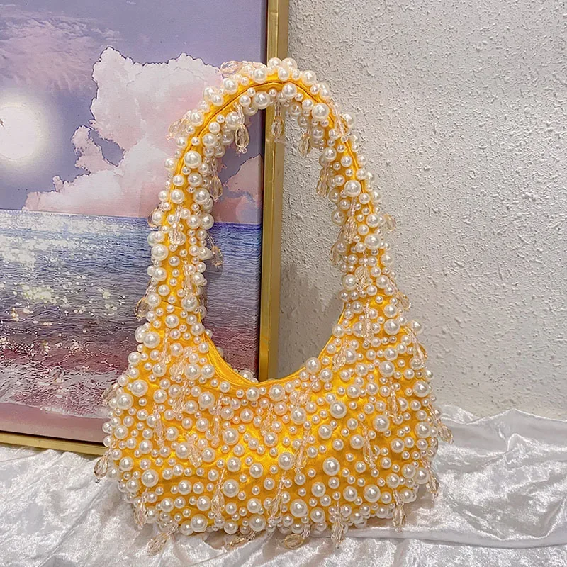

Sweet Pearl Beading Shoulder Bag Women's Cute Casual Crystal Beads Evening Handbags Fashion Niche Design pink Underarm Bag