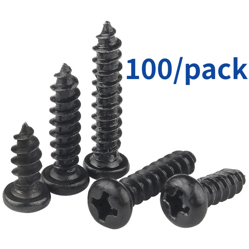 100 Pcs/Lot M1 M1.2 M1.4 M1.5 M1.7 M2 M2.3 M2.6 M3 M3.5 M4 M5 Black Carbon Steel Phillips Self-tapping Screws Cross Round Head