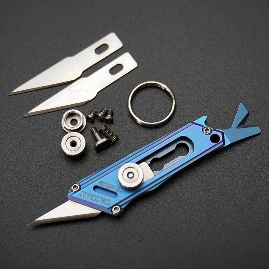 Titanium Alloy Utility Knife Push Pocket Knife Portable Bottle Opener Crowbar Outdoor Survival EDC Tool Keychain Unboxing Cutter