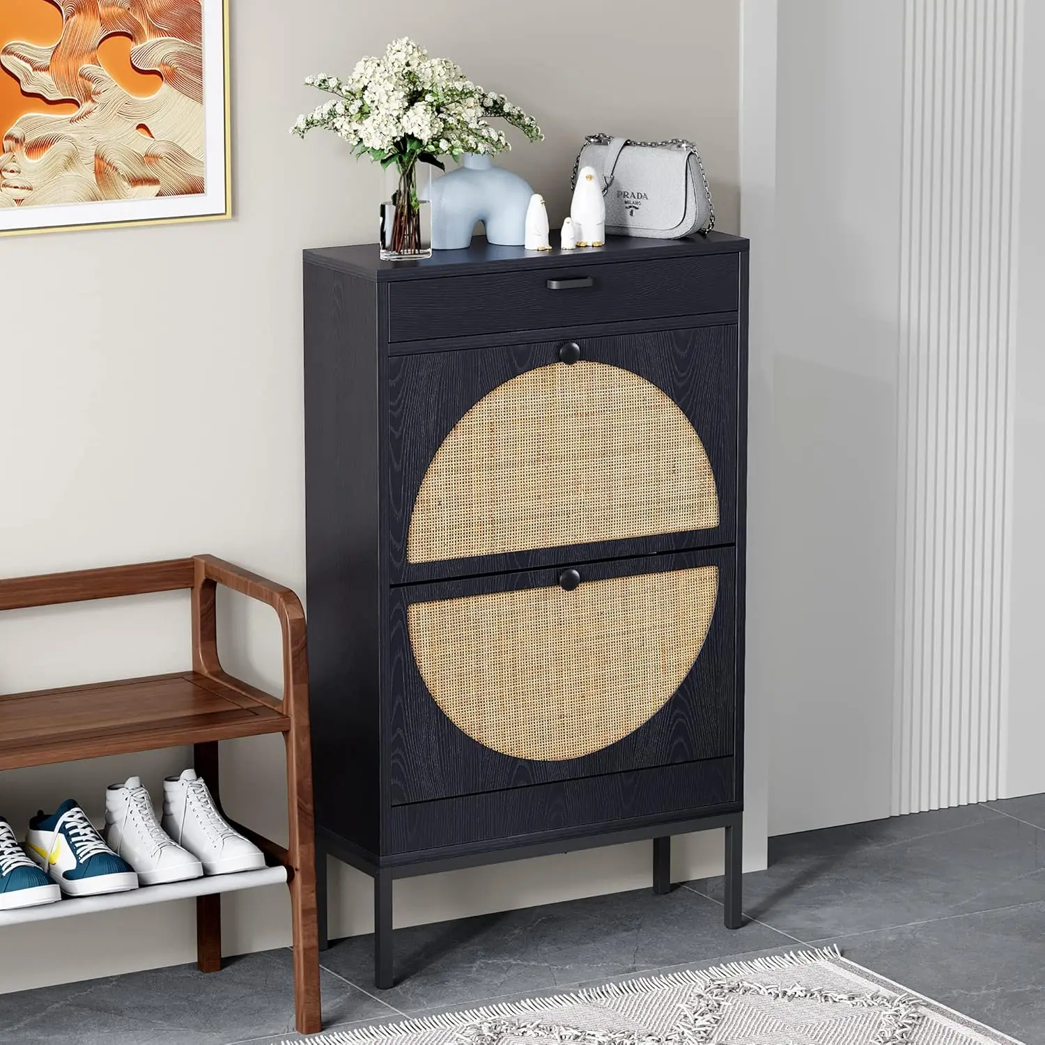 Shoe Rack Storage Organizer with 2 Natural Semi-Circular Rattan Doors, Entryway Wooden Shoe Cabinet for Sneakers, Leather Shoes