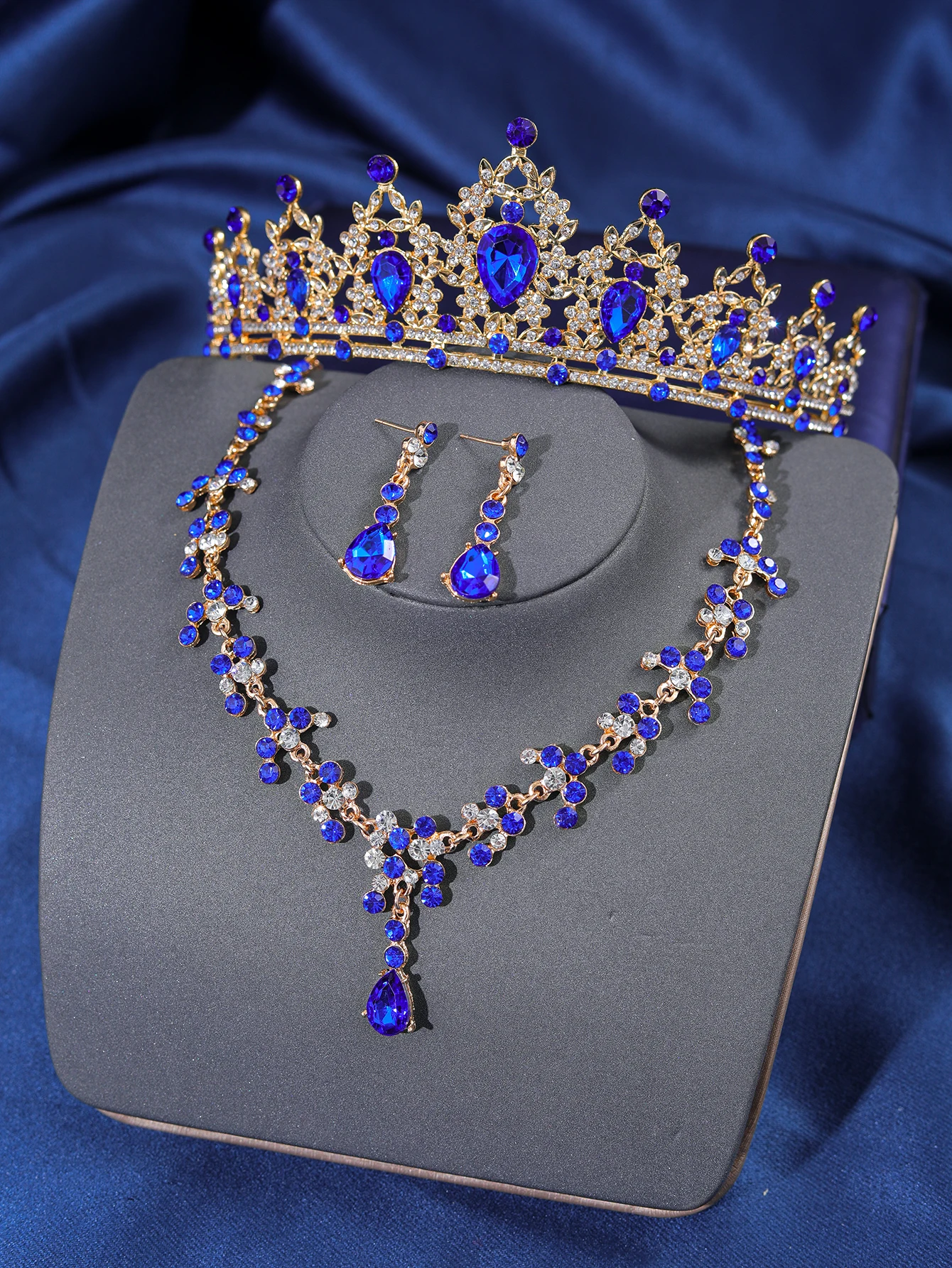 4. elegante Strass Königin Wasser Diamant Krone Ohrringe Halskette Zubehör Set Braut Hochzeit Kopfbedeckung Haarschmuck Gorg