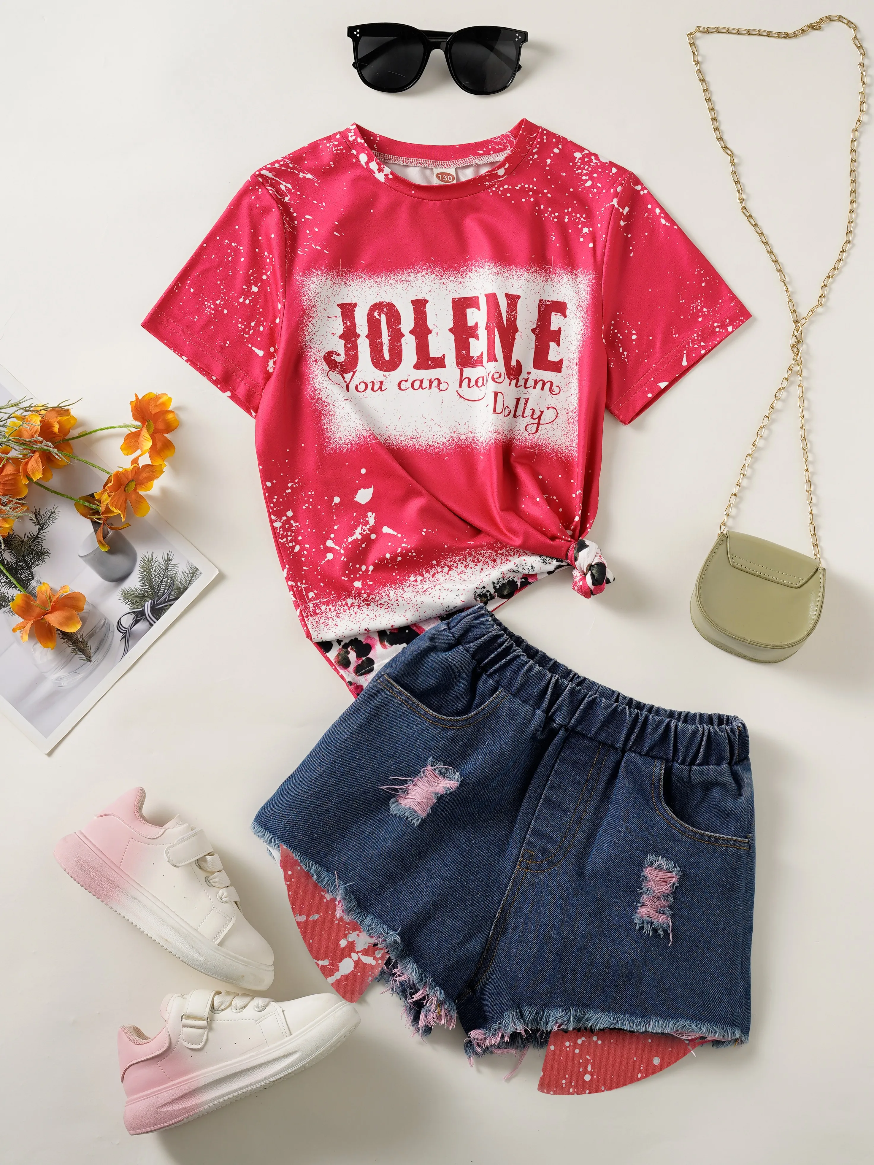 

Girls' round neck short sleeved T-shirt with leopard print pattern denim shorts two-piece set, comfortable, casual and versatile