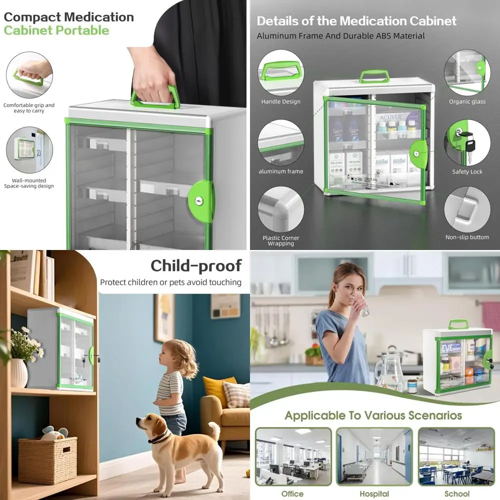 

Wall-Mounted Green Medicine Cabinet with Lock, 13.6x13.4x6.5 Inches, Large Capacity Portable Storage