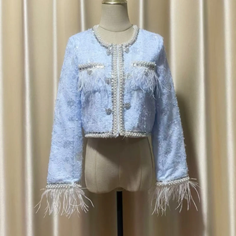 

Autumn Winter Women Short Jacket 2024 Elegant OL Nailed Ostrich Fur Blue Tweed Coat Women's Diamond Fur Cropped Top