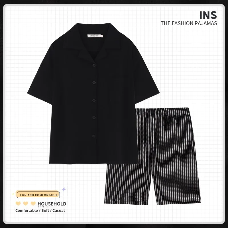

Couples Cotton Pajamas Short Sleeve Home Clothes Set Women's Summer New Style Wave Stripe Pure Cotton Sleepwear Ensemble