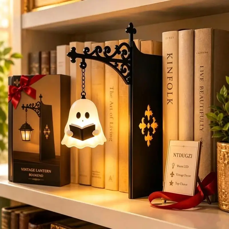 Vintage Hanging Bookshelf Lantern With Warm LED Light And Metal Bracket For Home Decor