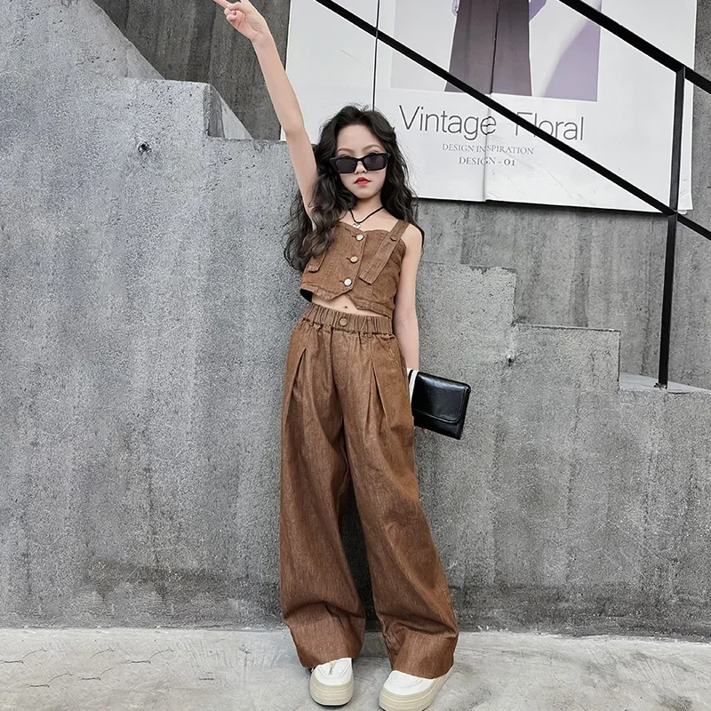 New Children's Clothing Children's Clothing Summer Youth Design Girl's Clothes Sling Tank Top+Versatile Wide Leg Pants 2pcs Set