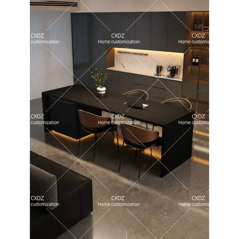 High End Flush Rock Slab Island Dining Table Integrated Open Kitchen Restaurant Custom Shark Side Table