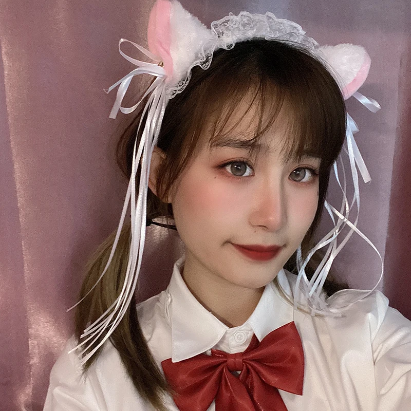 Lolita Maid Hairband Women Girls Ruffles Lace Hair Bands Cat Ears Ribbon Bell Cosplay Headband Kawaii Head Wrap Hair Accessories