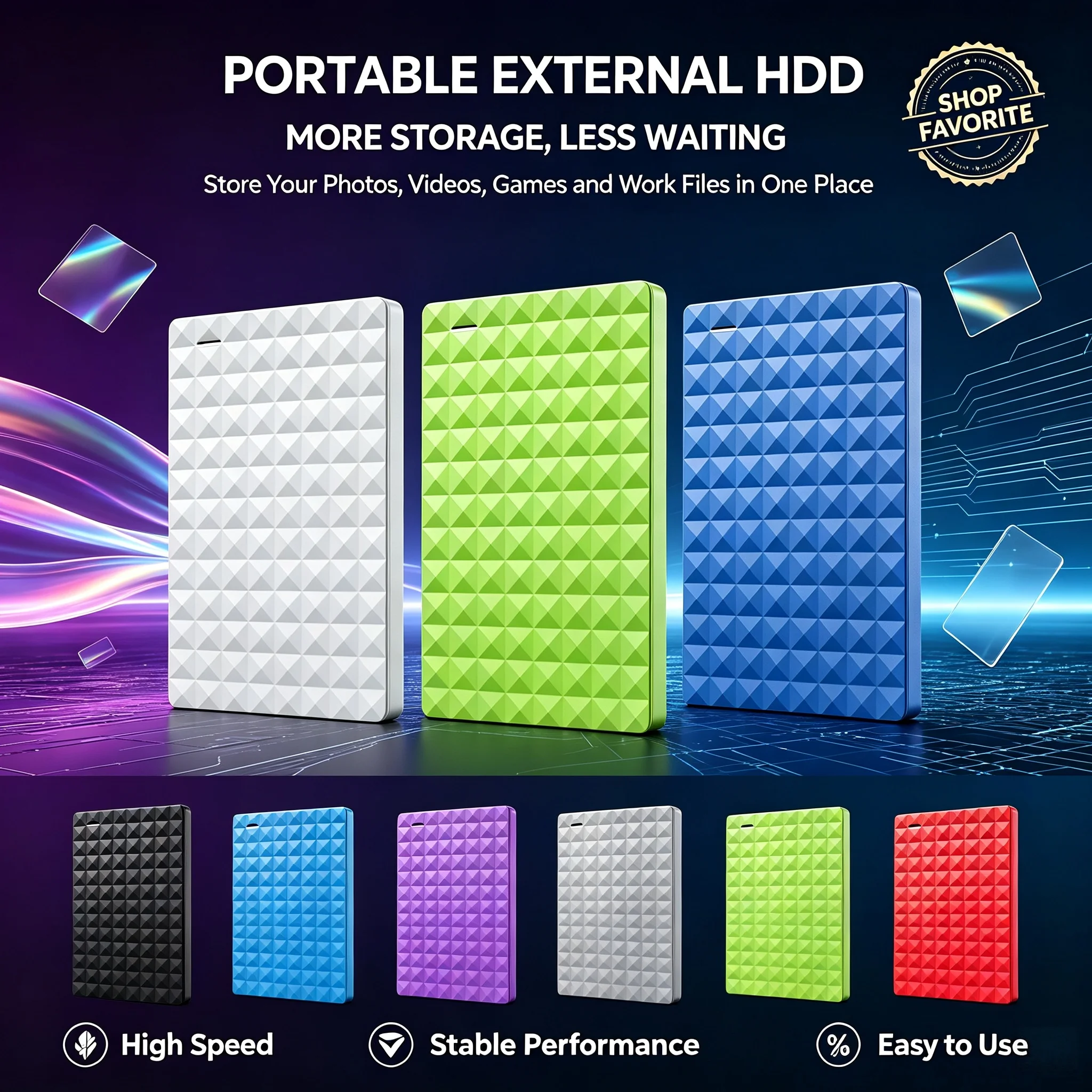 2.5-Inch USB 3.0 Mobile Hard Disk, Large-Capacity External Drive for Laptop/Office/Data Recovery, 500GB, 1TB, 2TB, 4TB.