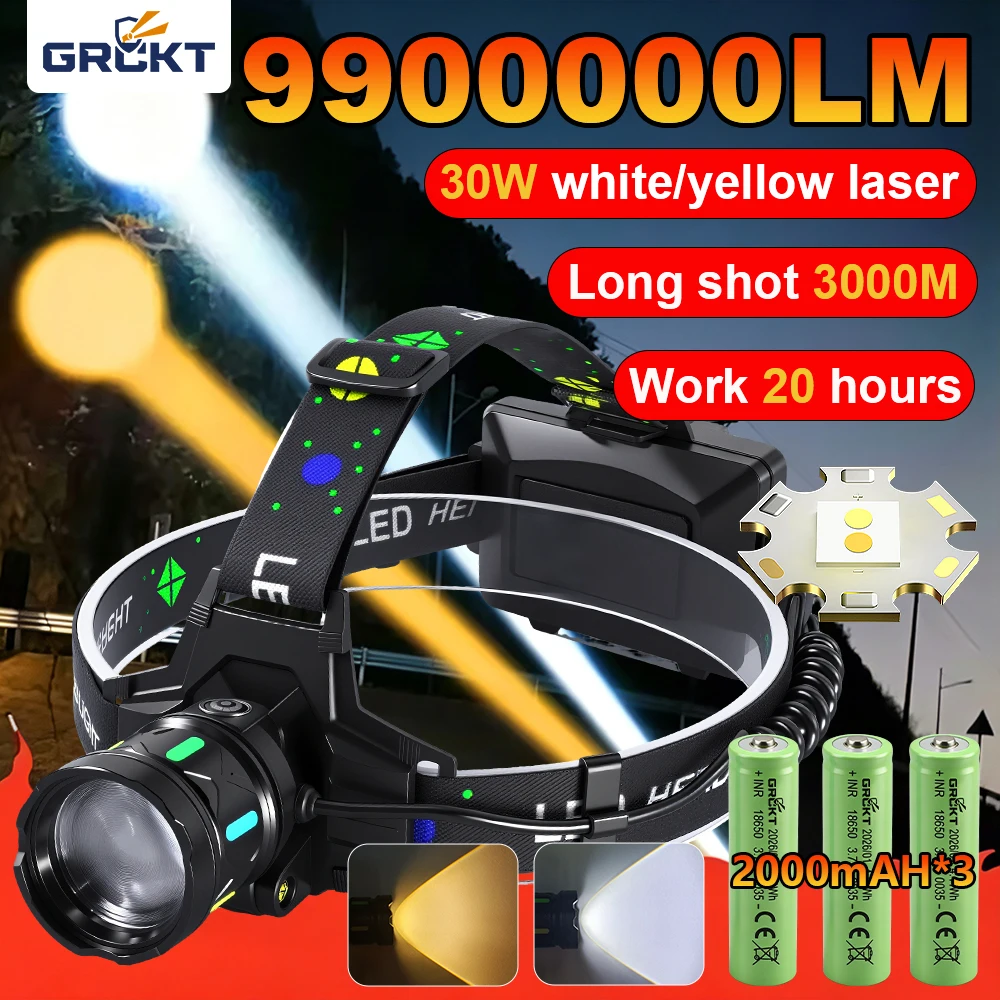 30W Headlamp 3x18650 Zoomable Waterproof Rechargeable Head Torch High Lumens Super Bright White/Yellow Light For Hiking Lantern