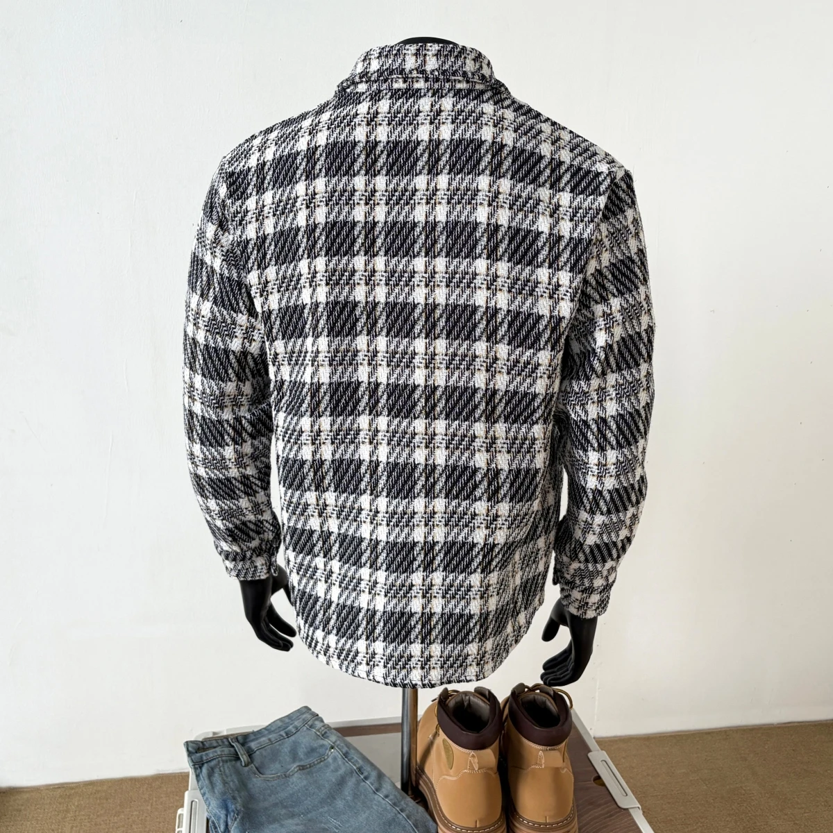 

Men's Loose Fit Plaid Jaet 2025 Spring Youth Faion Stand Tailoring Easy Care Polyester Fibre Long Sve Outerwear