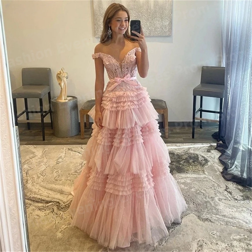 Beautiful A Line Evening Dresses Appliques Prom Gowns Customized Off The Shoulder Backless Princess Vestido De Gala Noche Mujer