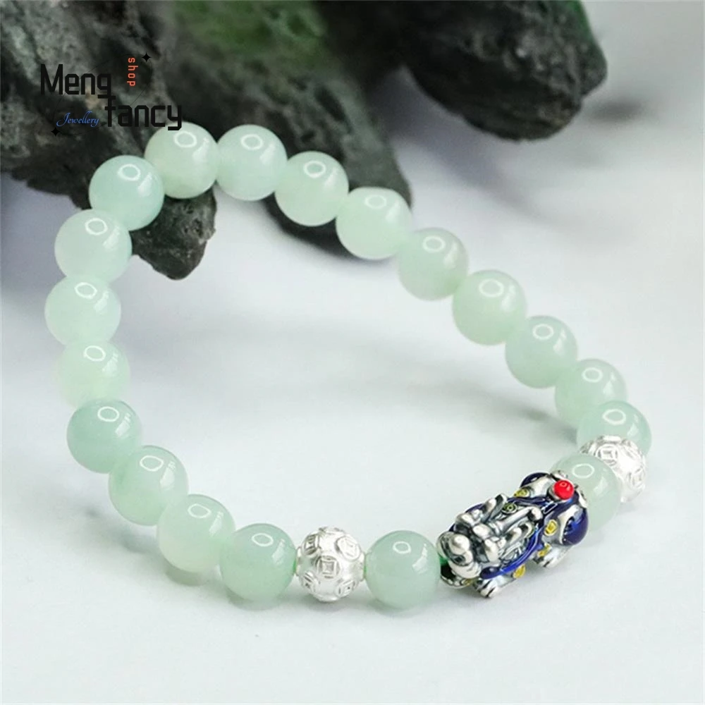 Natural Myanmar A-goods Jadeite S925 Silver Pixiu Copper Money Bracelet Exquisite Elegant High-grade Luxury Quality Fine Jewelry