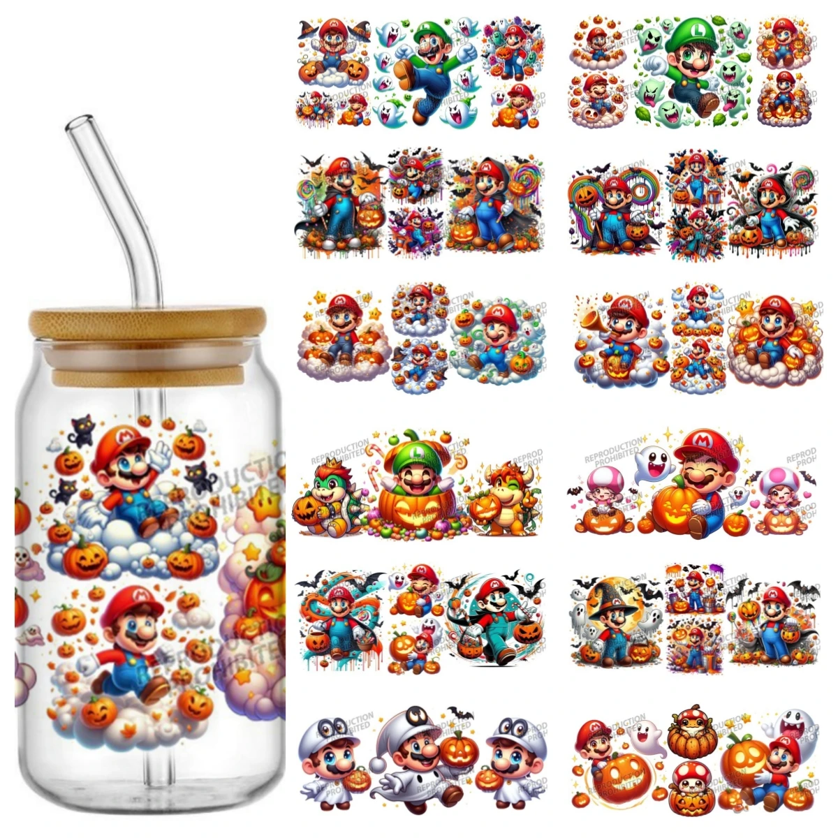 

Mario Happy Halloween Series waterproof DIY Decals 3D transfers stickers 16oz uv dtf cup wraps for Libbey Glasses