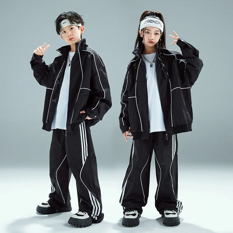 Boys Hip Hop Black Baseball Coat Street Dance Baggy Pants Girls Loose Jacket Kids Jazz Sport Clothes Sets Children Streetwear