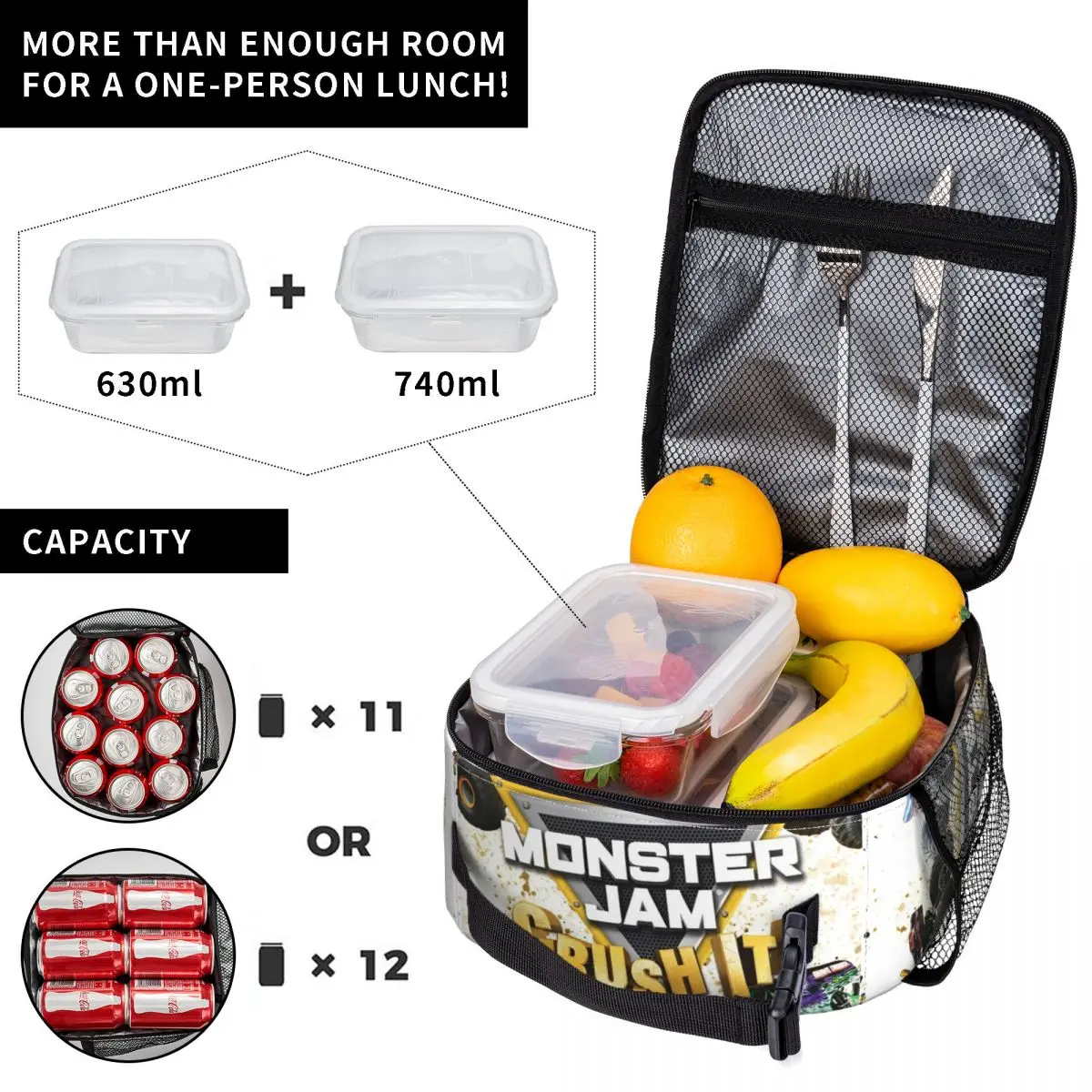 Monster Jam Trucks Insulated Lunch Bag High Capacity Lunch Container Cooler Bag Tote Lunch Box Work Travel Food Storage Bags