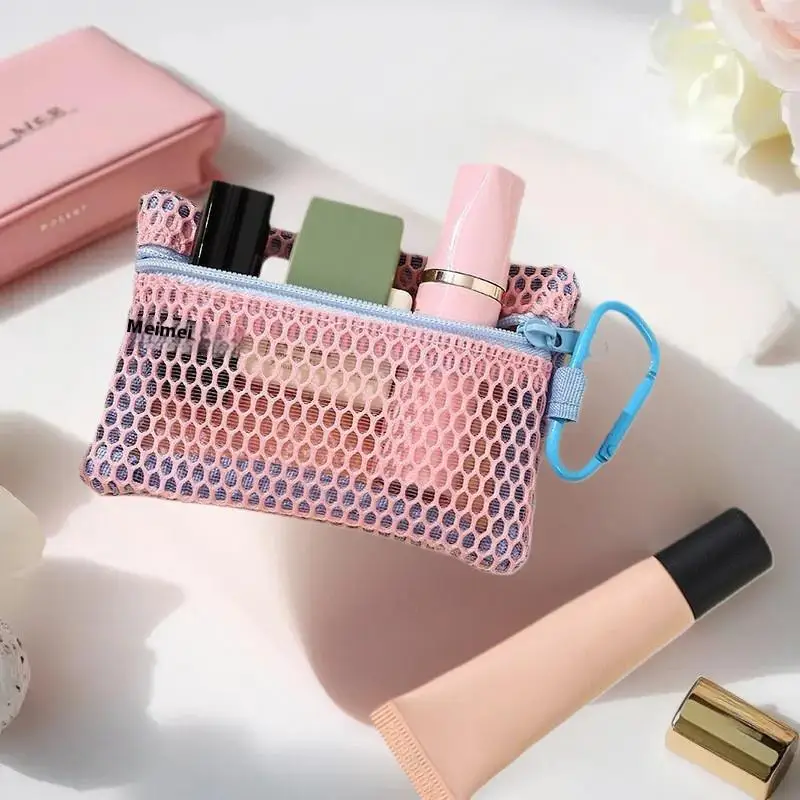 Transparent Mesh Makeup Bag Stylish Portable Cosmetic Pouch With Zipper Flat Design For Toiletries And Makeup Storage