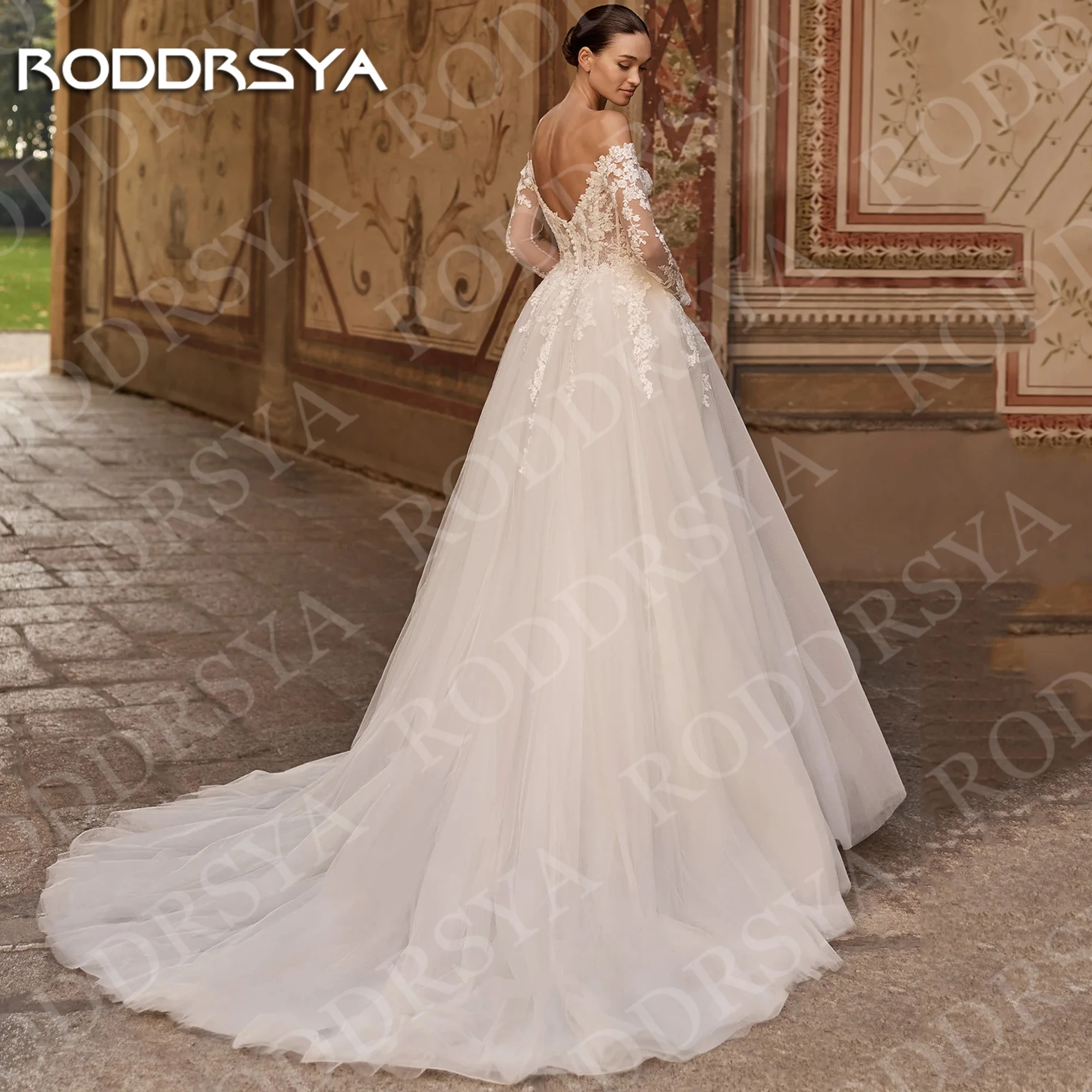 RODDRSYA Strapless Long Sleeve Wedding Dress Woman Romantic A Line Sweetheart Lace Appliques Bridal Dresses Tulle Customized