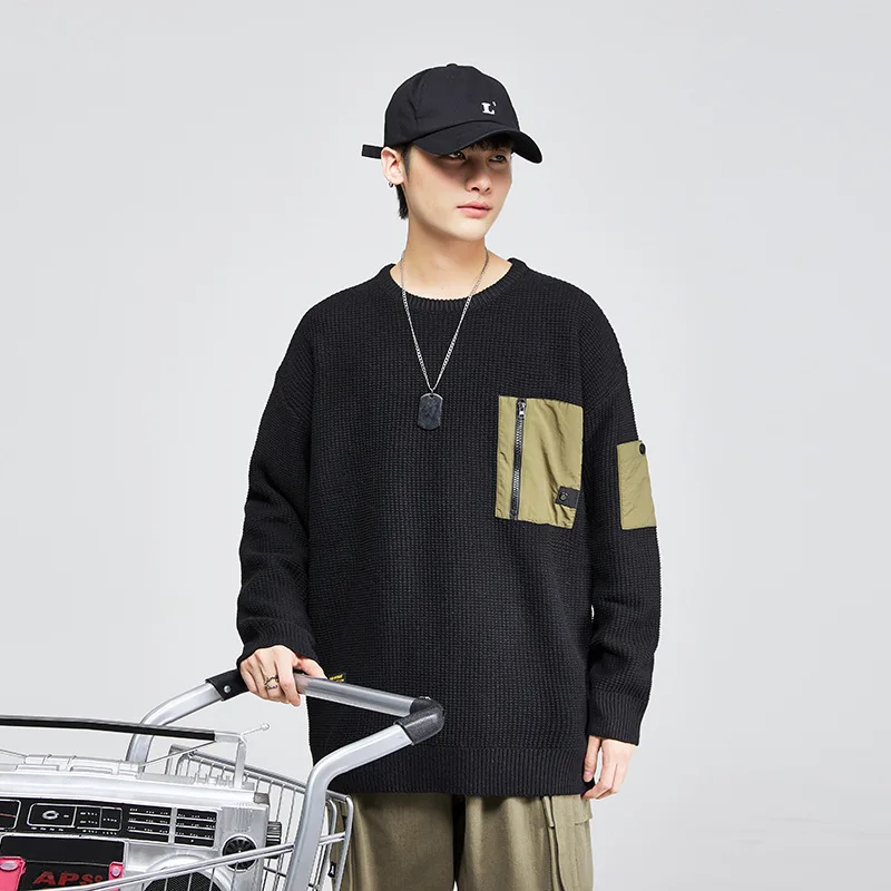 سترة رجالية جديدة للخريف والشتاء النسخة الكورية سترة فضفاضة برقبة دائرية سوداء مقاس كبير 6XL 7XL سترة رجالي بلوفرات 5XL