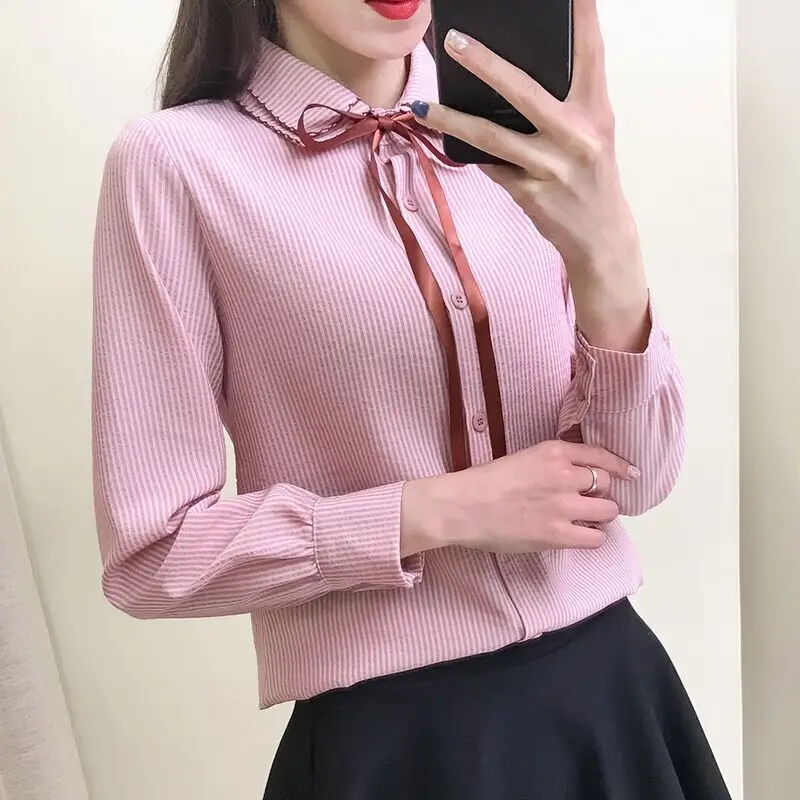 Spring Autumn Sweet Double Layered Collar Shirt Korean Drawstring Bow Women's Clothing Commute Single-breasted Striped Blouse