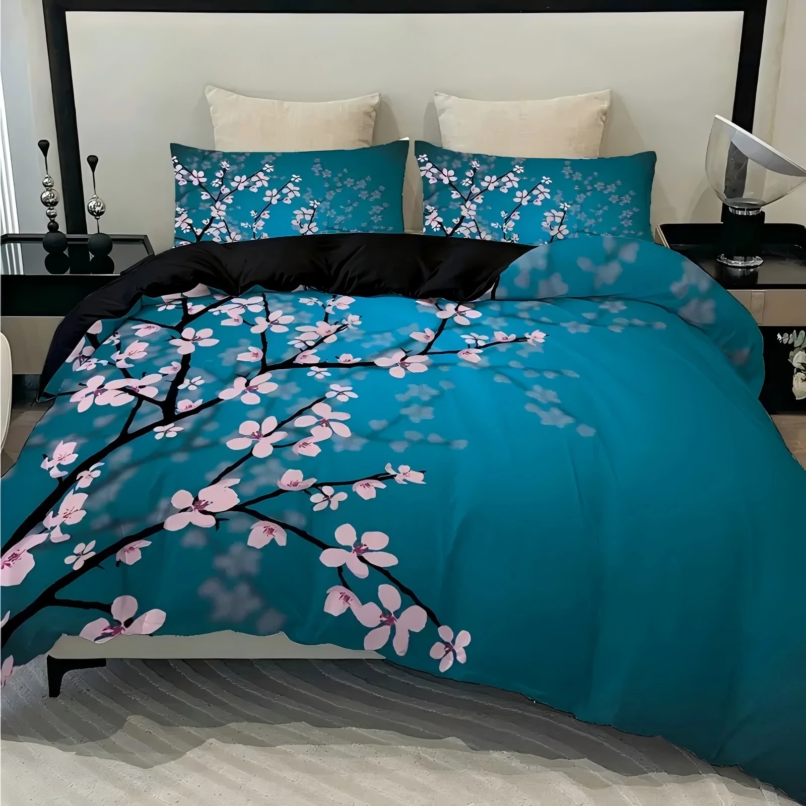 

Blue Background Cherry Tree Flower 3D Printed Quilt cover sets Fashion Japanese Style Home Soft Textiles Duvet Cover Pillowcases