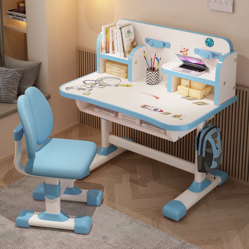 Children's Study Table and Chair Can Be Raised and Lowered, Home Homework Study Chair Bookshelf Integrated Table and Chair
