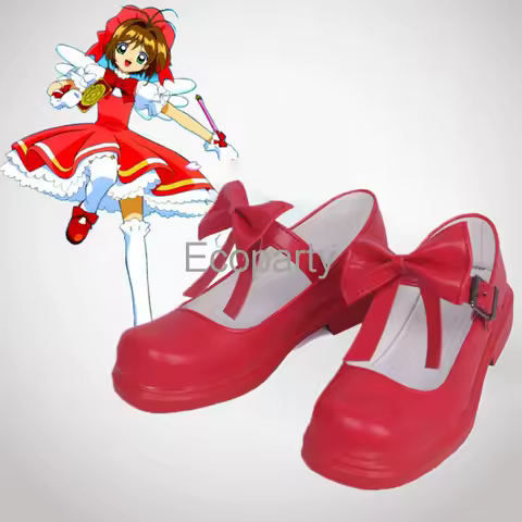 Japanese Anime Card Captor Sakura Cosplay Shoes For Women Lovely Red Bow Pu Leather Shoes Girls Kawaii Lolita Customized Shoes