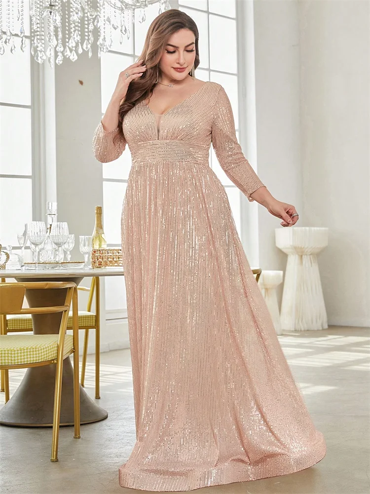 Plus Size Luxury V-Neck Long Sleeves Sequins Evening Dresses Elegant Women Wedding Party Prom Maxi Cocktail Gowns