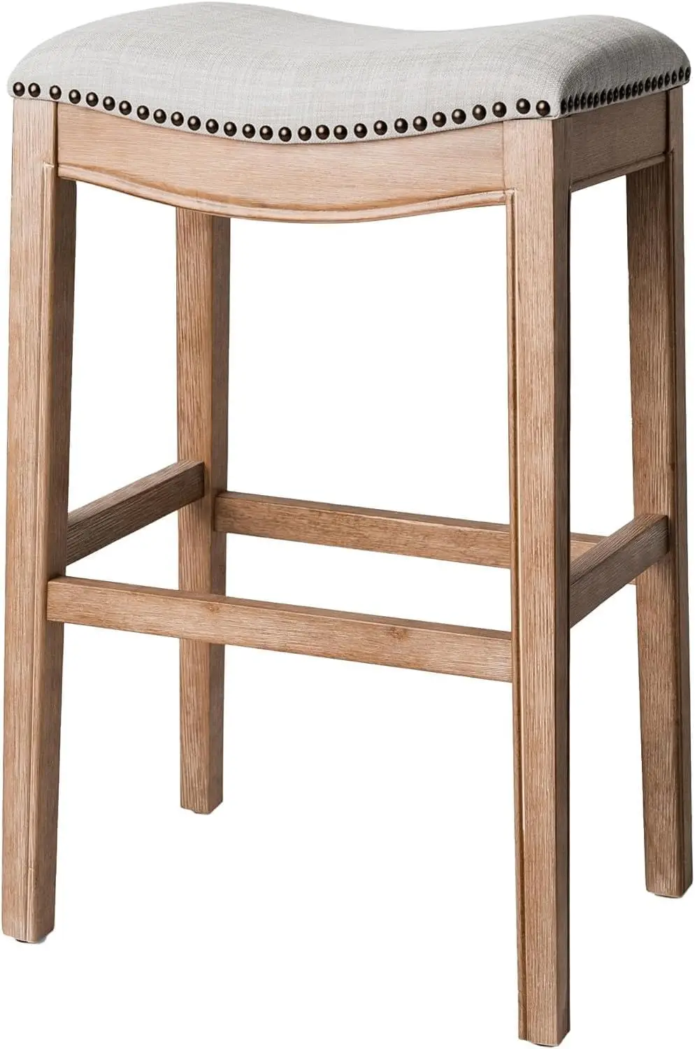 

Adrien 31 Inch Bar Height Upholstered Backless Saddle Barstool in Weathered Oak Finish with Sand Color Fabric Cushion Seat